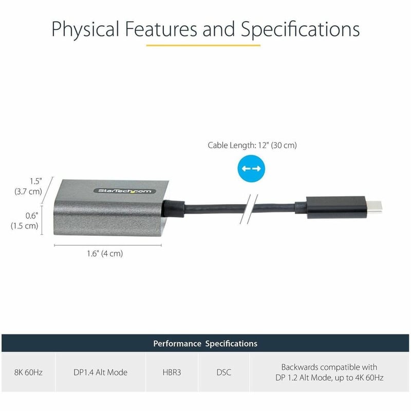 USB C to DisplayPort Adapter, 8K/4K 60Hz USB-C to DisplayPort 1.4 Adapter, DSC, USB Type-C to DP Video Converter, w/12" Cable - Thumbnail 3