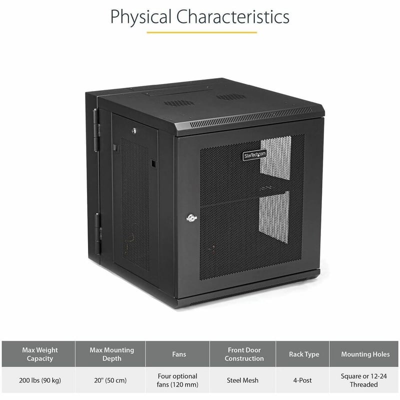 StarTech.com 4-Post 12U Wall Mount Network Cabinet, 19" Hinged Wall-Mounted Server Rack for IT Equipment, Flexible Lockable Rack Enclosure - Thumbnail 4