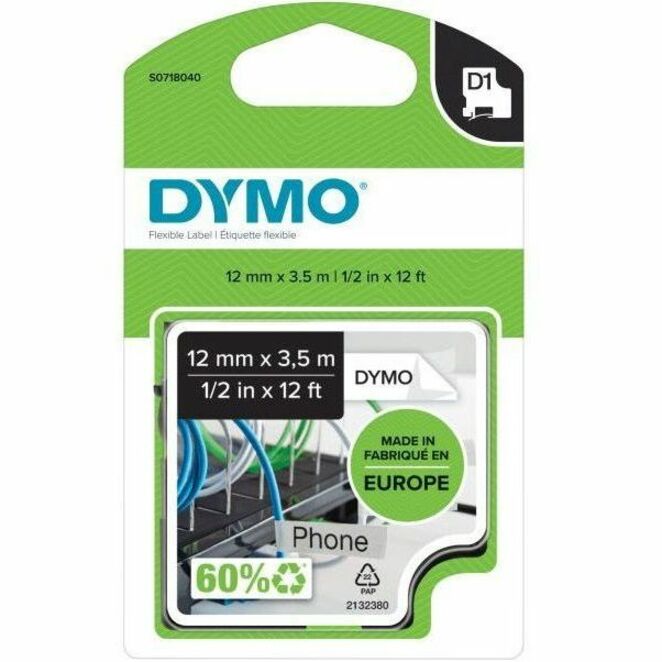 DYMO D1 TAPE, BLACK PRINT/ WHITE FABRIC, 1/2IN X 11 1/2FT - Thumbnail 2