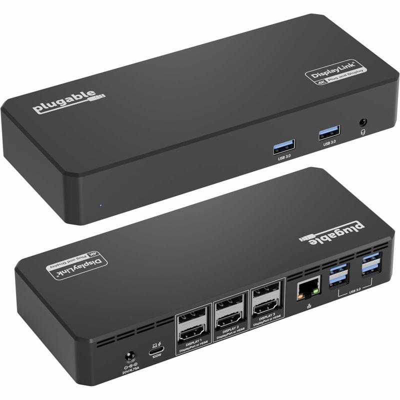 Plugable 12-in-1 USB C Docking Station Triple 4K Displays with 3x HDMI or 3x DisplayPort with 60W Charging - Thumbnail 1