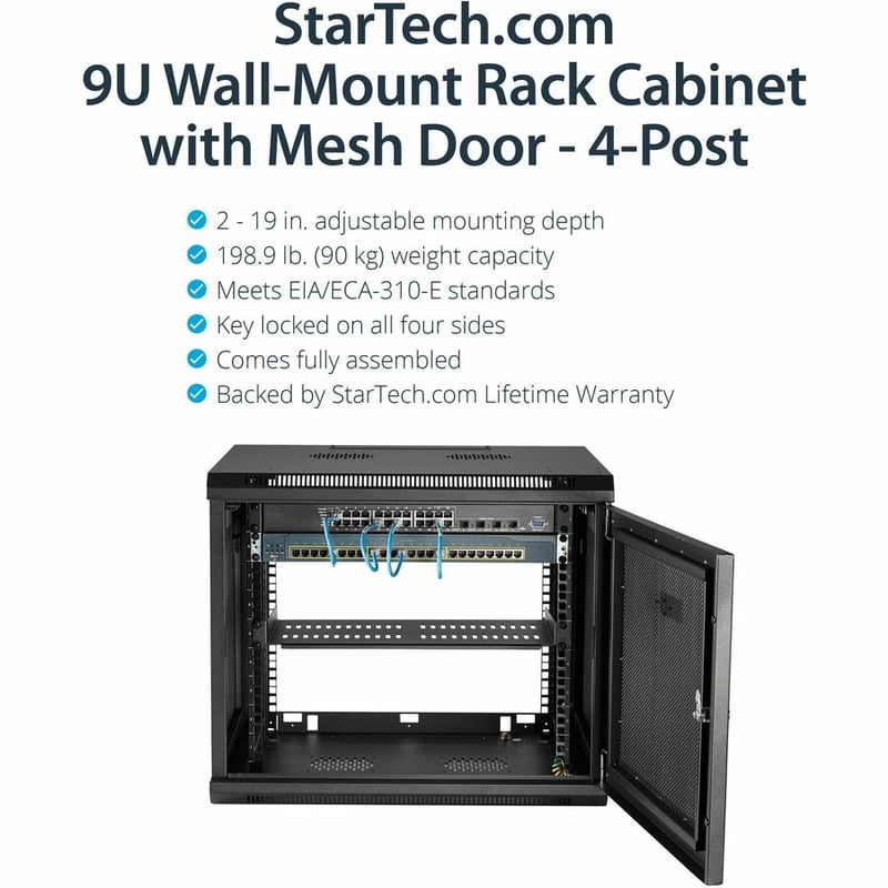 StarTech.com 4-Post 9U Wall Mount Network Cabinet, 19" Wall-Mounted Server Rack for Data / Computer Equipment, Small IT Rack Enclosure - Thumbnail 2