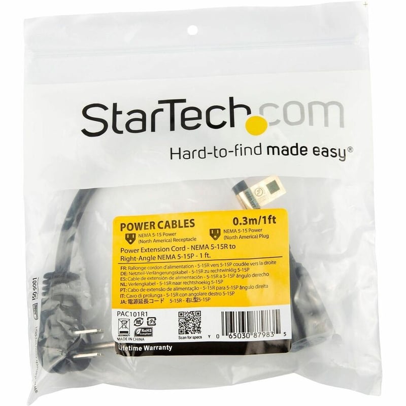 StarTech.com 3ft (1m) Power Extension Cord, Right Angle NEMA 5-15P to NEMA 5-15R, 13A 125V, 16AWG, Black, Flat Outlet Extension Cable - Thumbnail 5