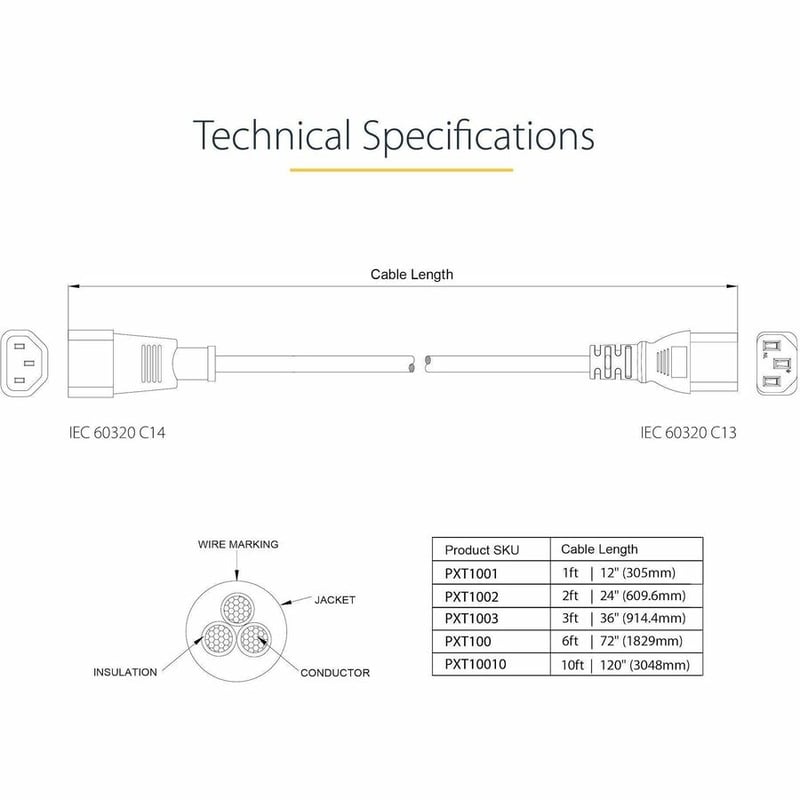 StarTech.com 2ft (0.6m) Power Extension Cord, C14 to C13, 10A 125V, 18AWG, Computer Power Cord Extension, Power Supply Extension Cable - Thumbnail 4