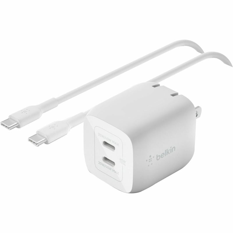 Belkin 45W Portable Dual Port GaN Wall Charger - 2xUSB-C (45W Total) - w/ USB-C to USB-C Cable - Fast Charging - Power Adapter - White - Thumbnail 1