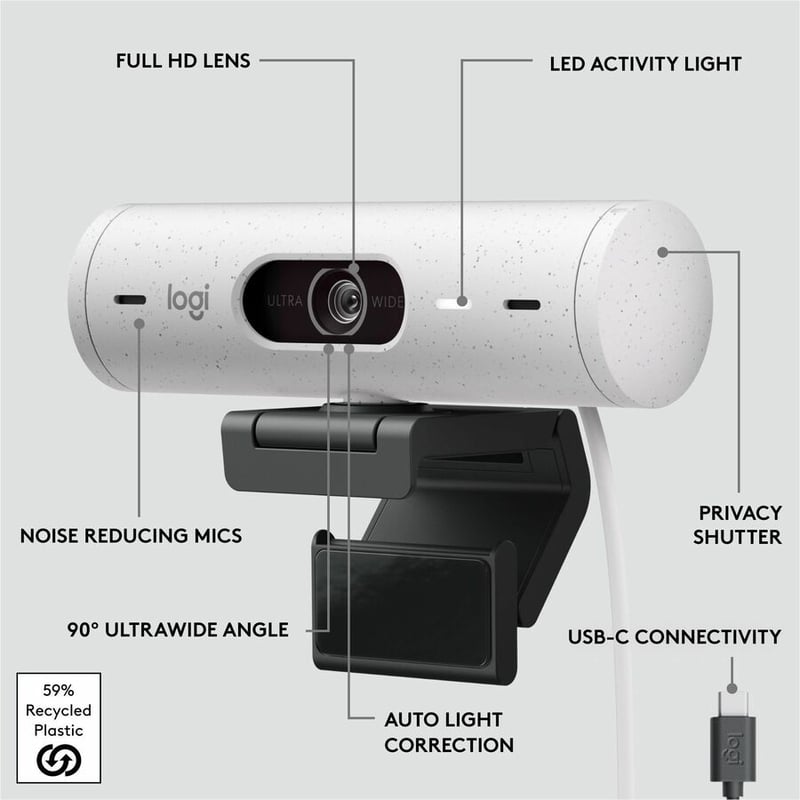 Logitech BRIO 500 Webcam - 4 Megapixel - 60 fps - Off White - USB Type C - Thumbnail 4