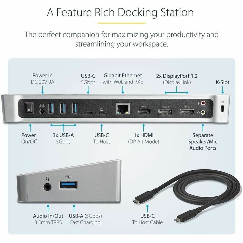 StarTech.com USB C Dock - Compatible with Windows / macOS - Supports Triple 4K Ultra HD Monitors - 60W Power Delivery - Power and Charge Laptop and Peripherals - DK30CH2DPPD - Thumbnail 3