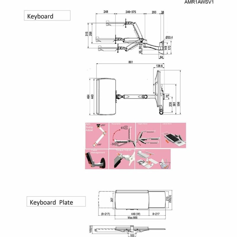 Amer Wall Mount for Keyboard, CPU, Mouse, Flat Panel Display, Curved Screen Display, Monitor - TAA Compliant - Thumbnail 3