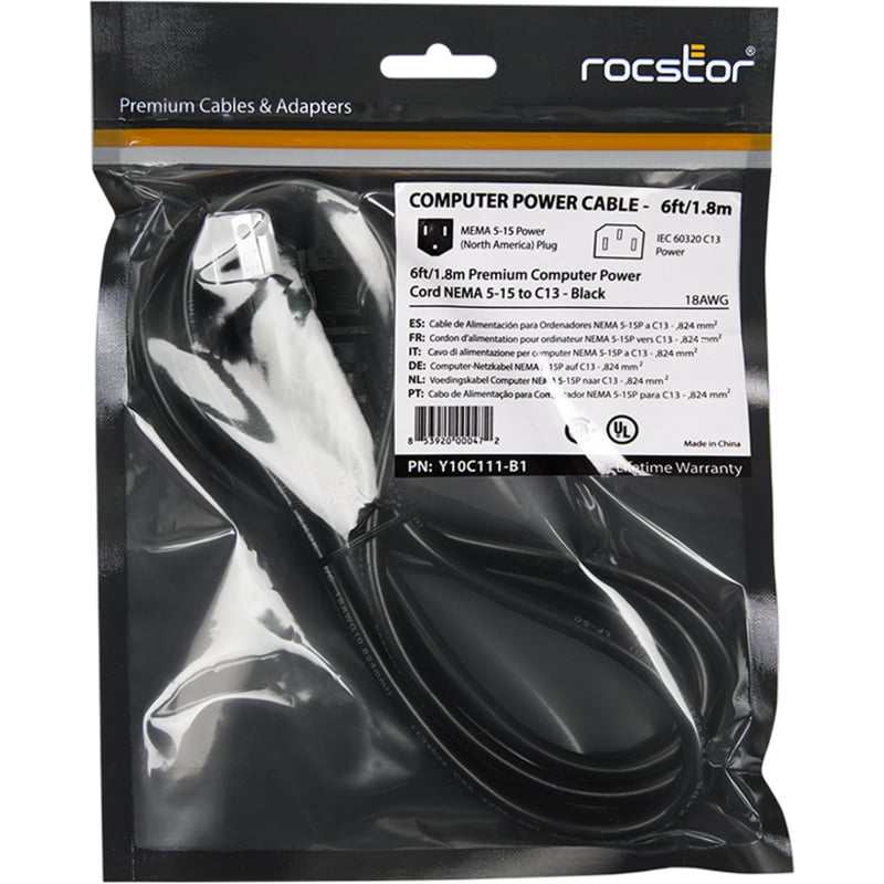 Rocstor 6ft Computer Power Cord NEMA5-15P to C13 - Thumbnail 3