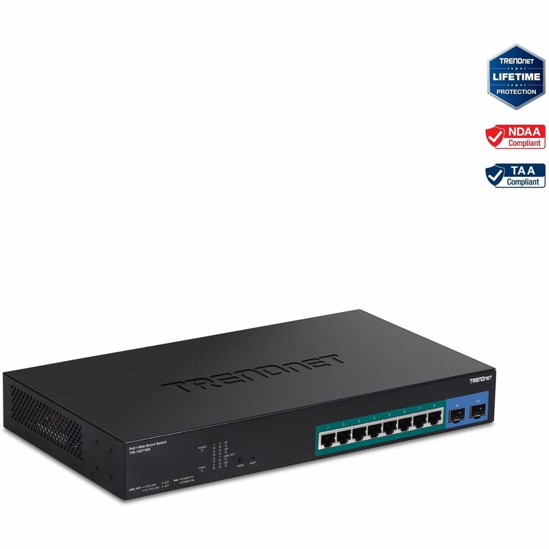 TRENDnet 10-Port Gigabit Web Smart PoE+ Switch with 8 Gigabit PoE+ Ports, 2 SFP Slots, 130W PoE Budget, VLAN, QoS, LACP, IPv4/IPv6 Static Routing, Black, TPE-1021WS - Thumbnail 1