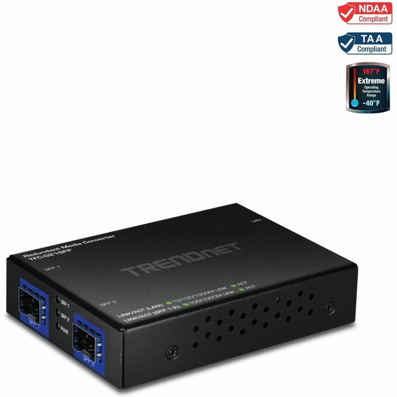 TRENDnet 1000BASE-T to Dual SFP Fiber Media Converter with Redundant Mode, TFC-G21SFP, 1 x Gigabit RJ45 Port, 2 x Gigabit SFP Ports, NDAA & TAA Compliant - Thumbnail 1
