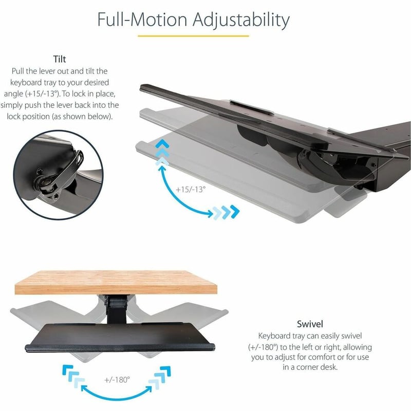 StarTech.com Under Desk Keyboard Tray, Height Adjustable Keyboard and Mouse Tray (10" x 26"), Ergonomic Computer Keyboard Tray w/Mouse Pad - Thumbnail 4