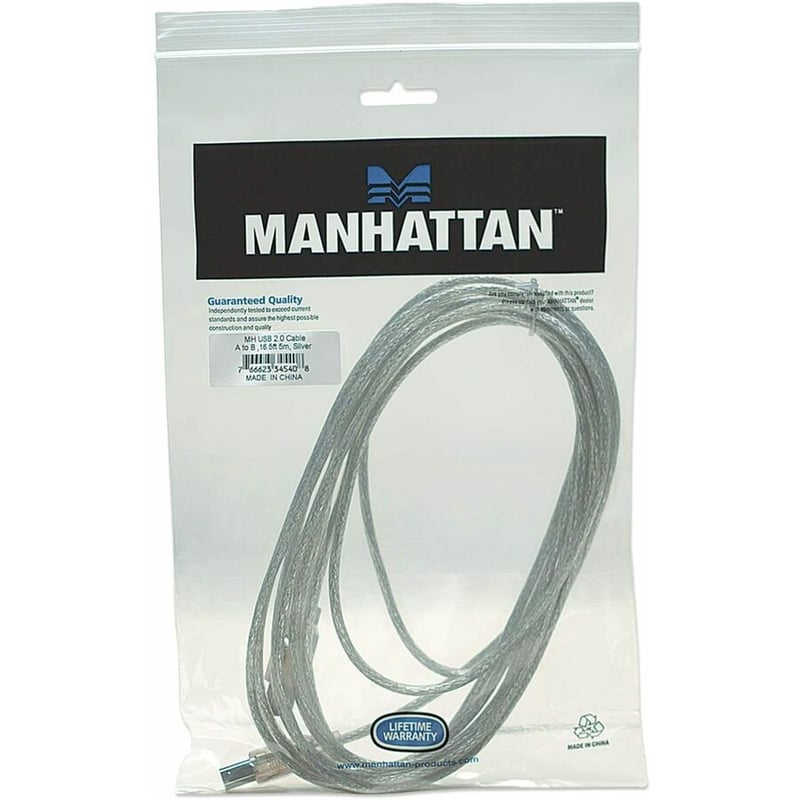 Manhattan Hi-Speed USB 2.0 A Male to B Male Device Cable, 16', Translucent Silver - Thumbnail 2