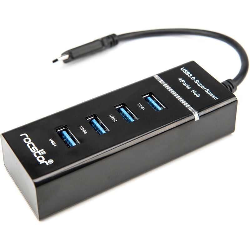 Rocstor Premium Slim Portable 4 Port Hub - USB-C to 4x USB-A Slim Hub - USB 3.0 Hub - Bus Powered - Black - USB C to USB Type-A Hub - USB Type C - External - USB-C 3.1 to 4 USB Type-A 3.0 Port(s) USB-A - Thumbnail 1
