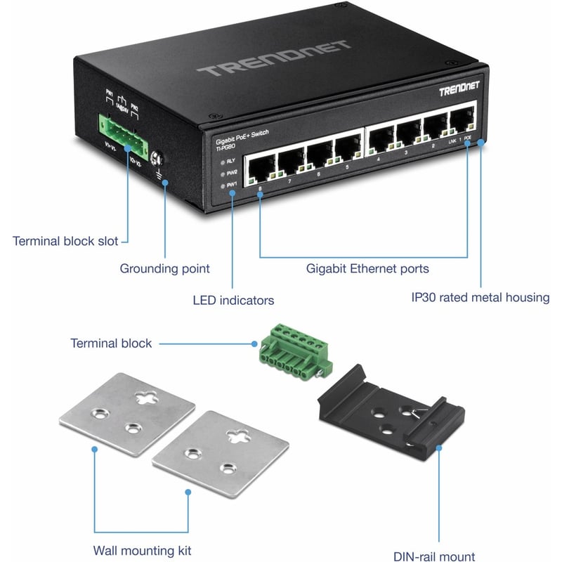 TRENDnet 8-Port Hardened Industrial Unmanaged Gigabit PoE+ DIN-Rail Switch, 200W Full PoE+ Power Budget, 16 Gbps Switching Capacity, IP30 Rated Network Switch, Lifetime Protection, Black, TI-PG80 - Thumbnail 5
