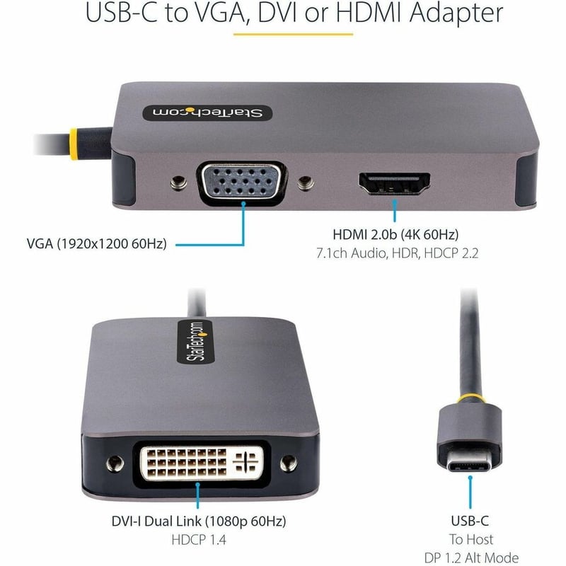 StarTech.com USB C Video Adapter, USB C to HDMI DVI VGA Adapter, 4K 60Hz, Aluminum, Video Display Adapter, USB Type C Travel Adapter - Thumbnail 2