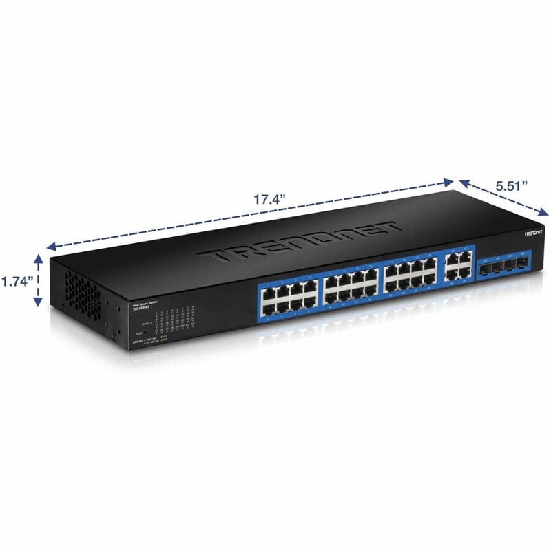 TRENDnet 28-Port Gigabit Web Smart Switch; 24 x Gigabit Ports; 4 x Shared Gigabit Ports (RJ-45/SFP); VLAN; QoS; LACP; IPv6; 56Gbps Switching Capacity; Lifetime Protection; TEG-284WS - Thumbnail 3
