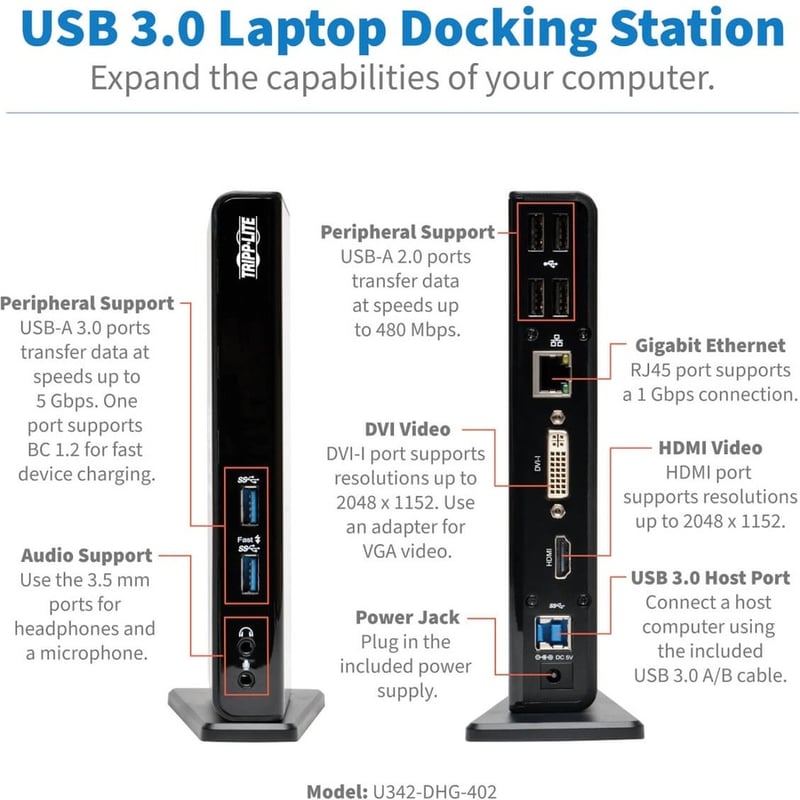 Tripp Lite by Eaton USB 3.0 Laptop Dual Head Dock Station HDMI DVI Video Audio USB RJ45 Ethernet - Thumbnail 2