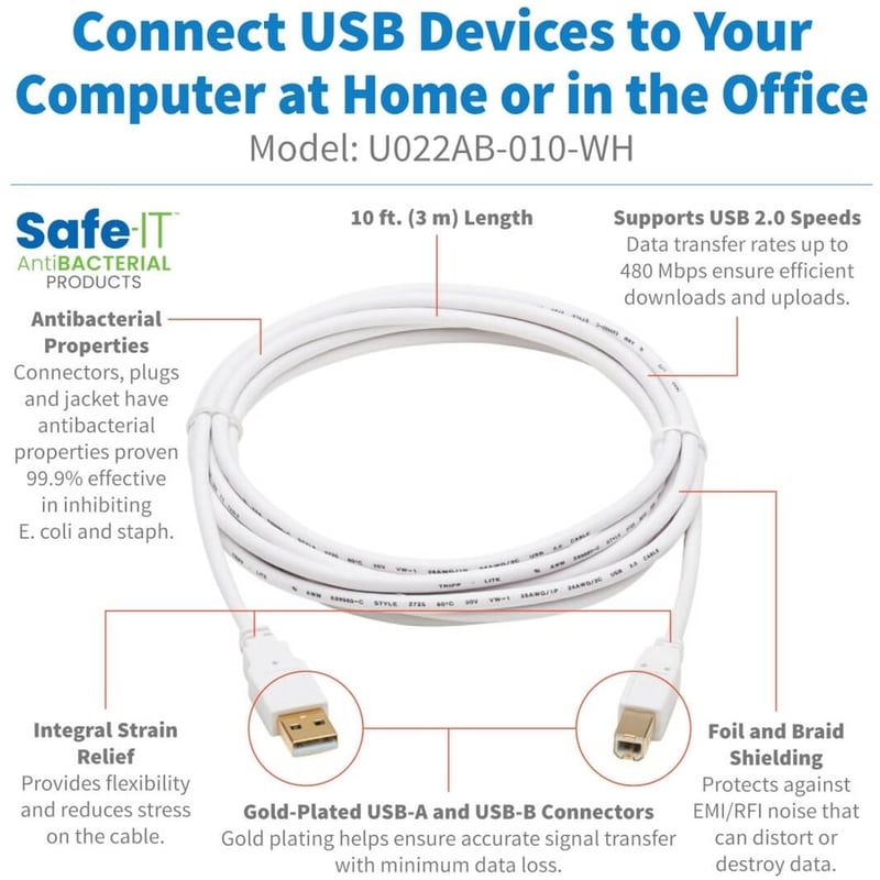 Eaton Tripp Lite Series Safe-IT USB 2.0 A to B Antibacterial Cable (M/M), White, 10 ft. (3.05 m) - Thumbnail 3