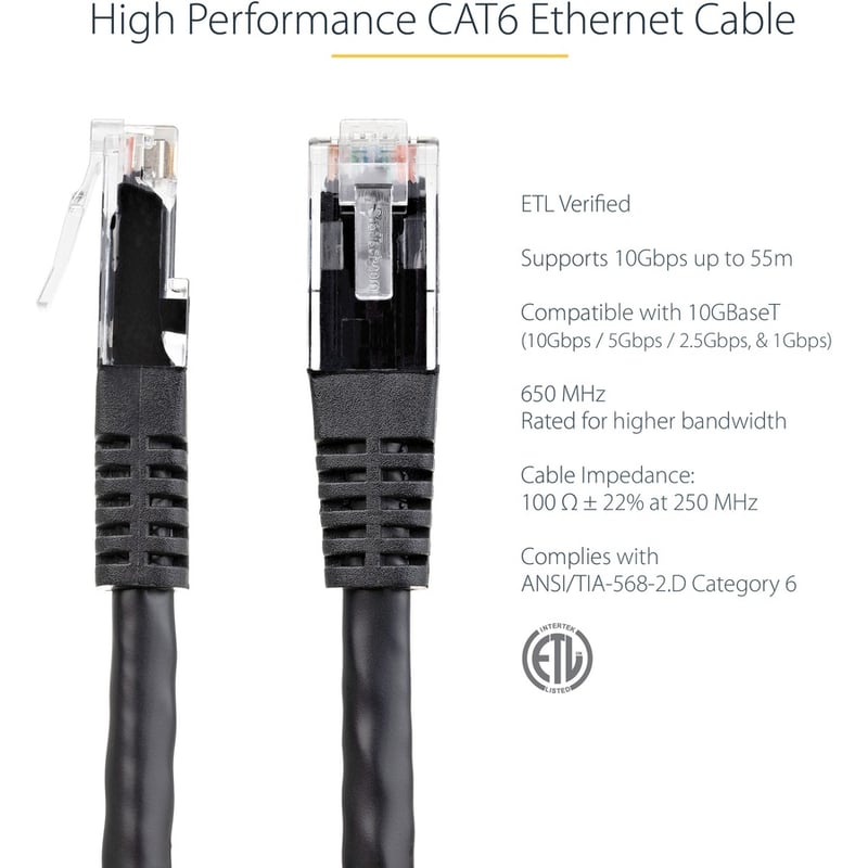 StarTech.com 3ft CAT6 Ethernet Cable - Black Molded Gigabit - 100W PoE UTP 650MHz - Category 6 Patch Cord UL Certified Wiring/TIA - Thumbnail 3