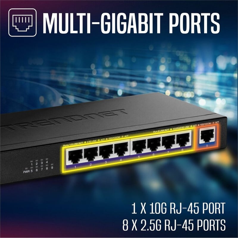 TRENDnet 9-Port Multi-Gig Switch, TEG-S591, 8 x 2.5G RJ-45 Ports, 1 x 10G RJ-45 Port, 60Gbps Switching Capacity, Lifetime Protection, Black - Thumbnail 3