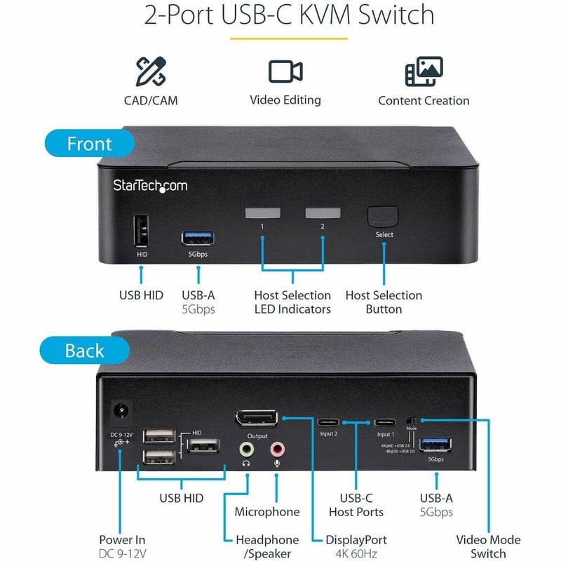 StarTech.com USB-C KVM Switch, 2 Port DisplayPort KVM w/ 4K 60Hz UHD HDR Video, 3.5mm Audio, USB Type-C KVM Switch, 6x USB Hub Ports, Thunderbolt 3/4 Compatible - Hot Key Switching - Thumbnail 3