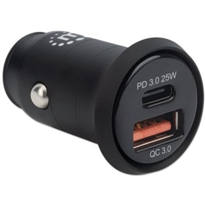 Manhattan Car/Auto Charger, USB-C & USB-A Outputs, USB-C Power Delivery up to 25W, USB-A Charging up to 18W (QC 3.0), Simultaneous Charging, Overload/Overcurrent/Overheat Protection, Black, Three Year Warranty, Blister - Thumbnail 2