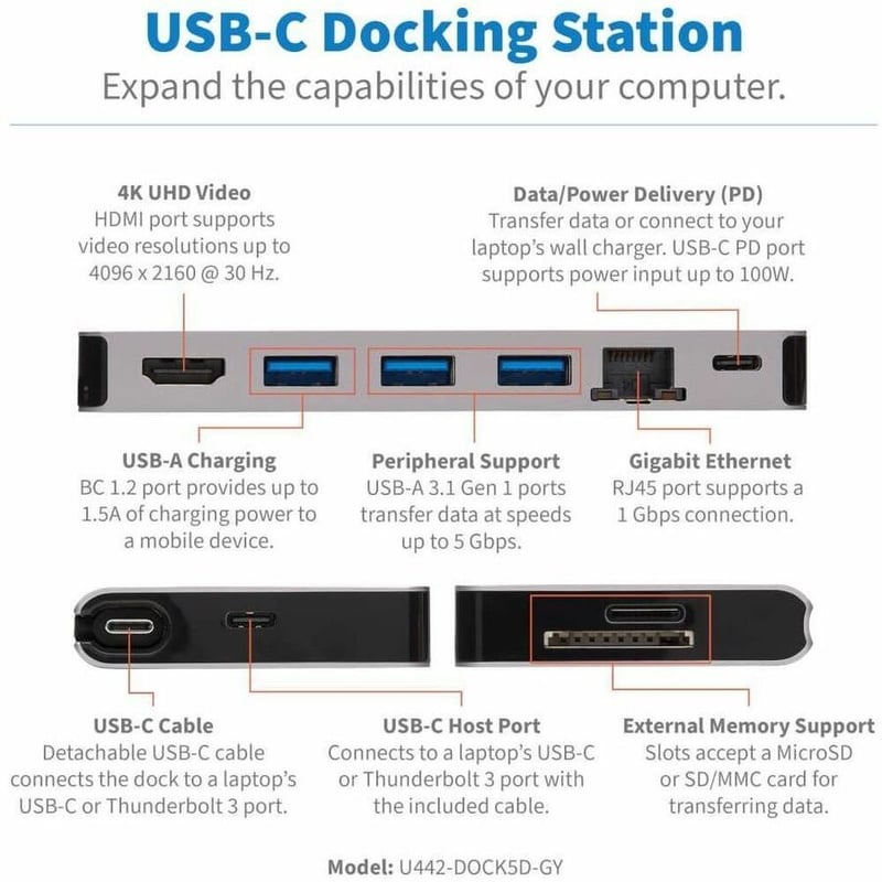 Tripp Lite by Eaton USB-C Dock - 4K HDMI USB 3.x (5Gbps) USB-A/C Hub Ports GbE Memory Card 100W PD Charging Detachable Cord - Thumbnail 2