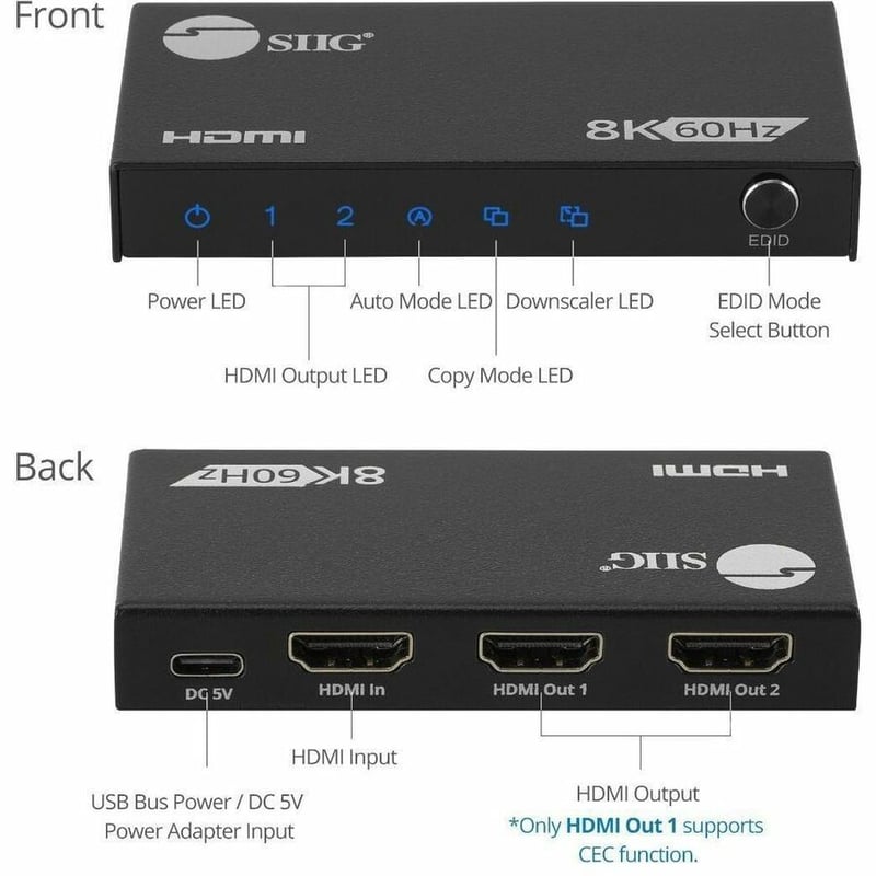1x2 8K60Hz HDMI Splitter with VRR/ALLM - 40G - EDID management - Down scaler - Thumbnail 3
