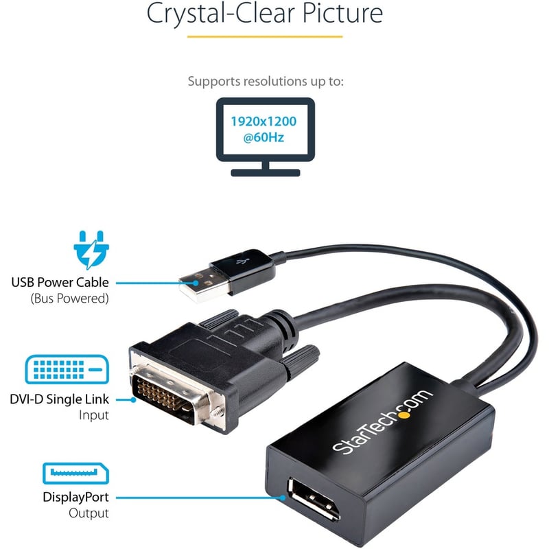 StarTech.com DVI to DisplayPort Adapter with USB Power - DVI-D to DP Video Adapter - DVI to DisplayPort Converter - 1920 x 1200 - Thumbnail 3