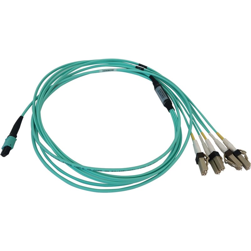 Eaton Tripp Lite Series 40/100/400G Multimode 50/125 OM3 Fiber Optic Cable (12F MTP/MPO-PC to 4x Duplex LC/PC F/M), LSZH, Aqua, 5 m (16.4 ft.) - Thumbnail 4