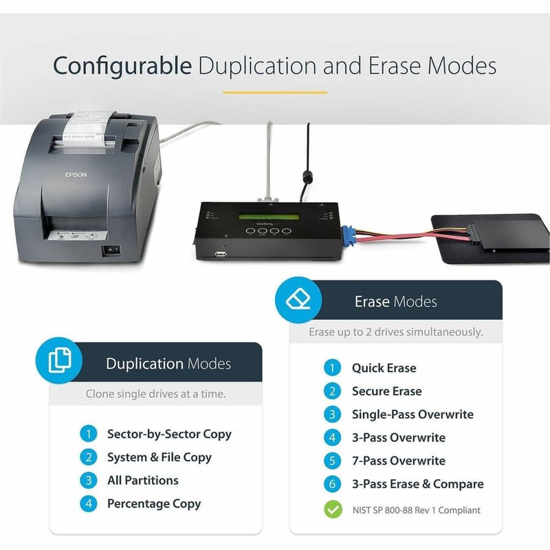 StarTech.com 1:1 Standalone Hard Drive Duplicator and Eraser, SAS/SATA HDD/SSD Cloner/Copier and Disk Eraser/Sanitizer/Wiper, Toolless - Thumbnail 5