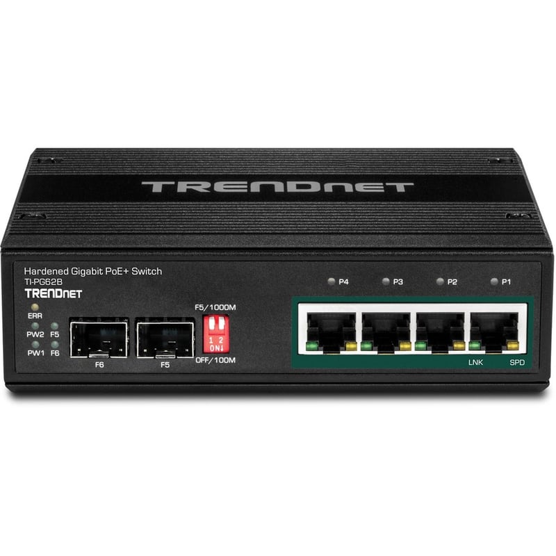 TRENDnet 6-Port Hardened Industrial Unmanaged Gigabit 10/100/1000Mbps DIN-Rail Switch, 4 x Gigabit PoE+ Ports, 2 x Dedicated SFP Slots, Lifetime Protection, Black, TI-PG62B - Thumbnail 2