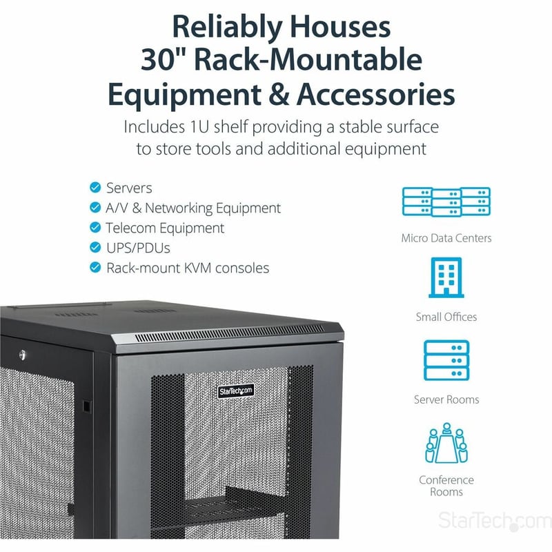 StarTech.com 18U 19" Server Rack Cabinet 4 Post Adjustable Depth 2-30" w/Casters/Cable Management/1U Shelf, Locking Doors and Side Panels - Thumbnail 4