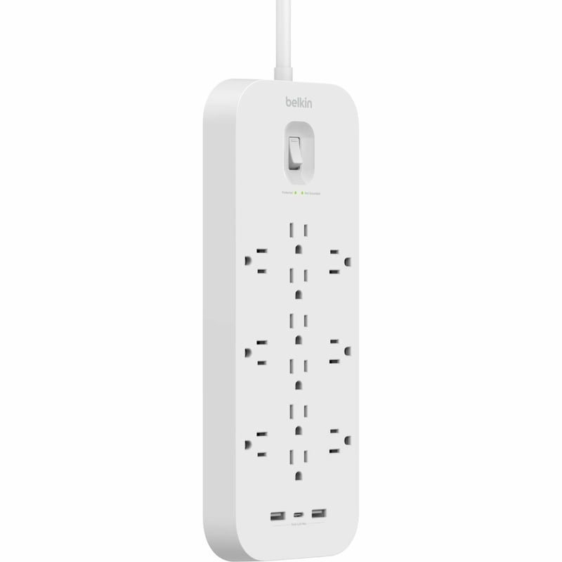 Belkin 12-Outlet Surge Protector Power Strip w/ 12 AC Outlets, 1 USB-C Port, & 2 USB-A Ports, 6ft Cable, Overload and Overvoltage Protection, and On/Off Power Switch - 4,000 Joules of Protection - Thumbnail 1