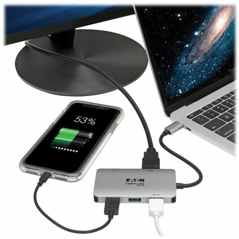 Eaton Tripp Lite Series USB-C Multiport Adapter, 4K HDMI, USB 3.x (5Gbps) Hub Ports, 100W PD Charging, HDCP, Gray - Thumbnail 2